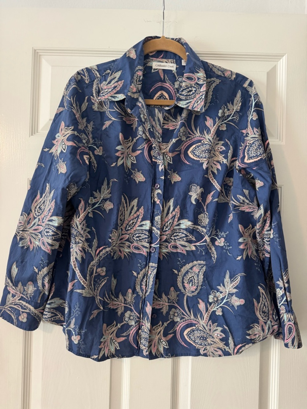 Coldwater Creek Navy Paisley Floral Shirt with Pink and Cream Accents